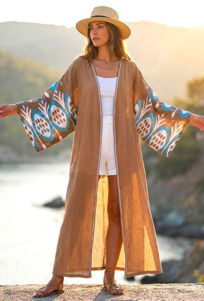 Handwoven artisan silk ikat and muslin cotton dressing gown in golden sand