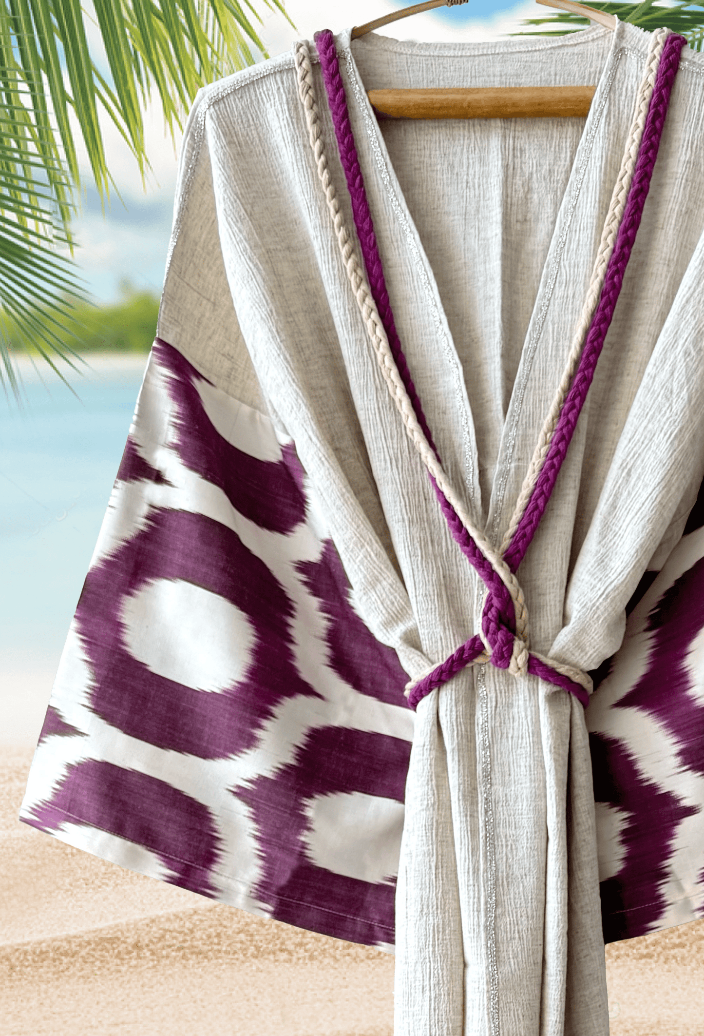 Ecru muslin kimono robe with deep plum silk ikat sleeves