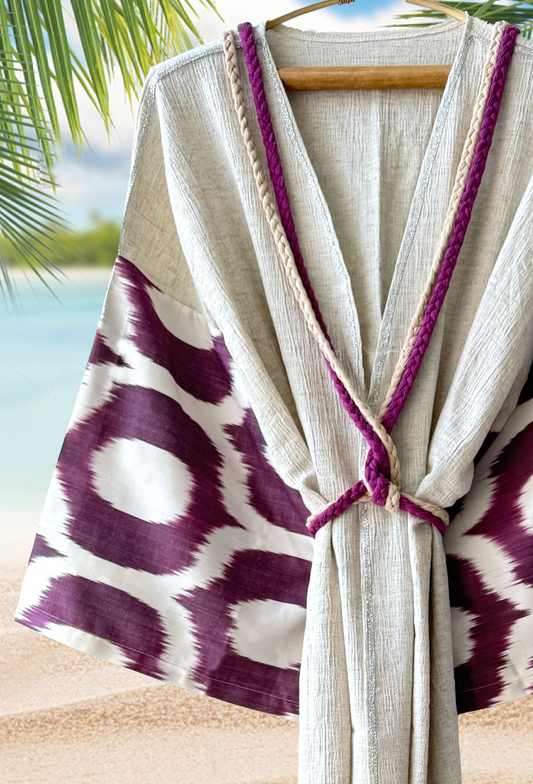 Ecru muslin kimono robe with deep plum silk ikat sleeves