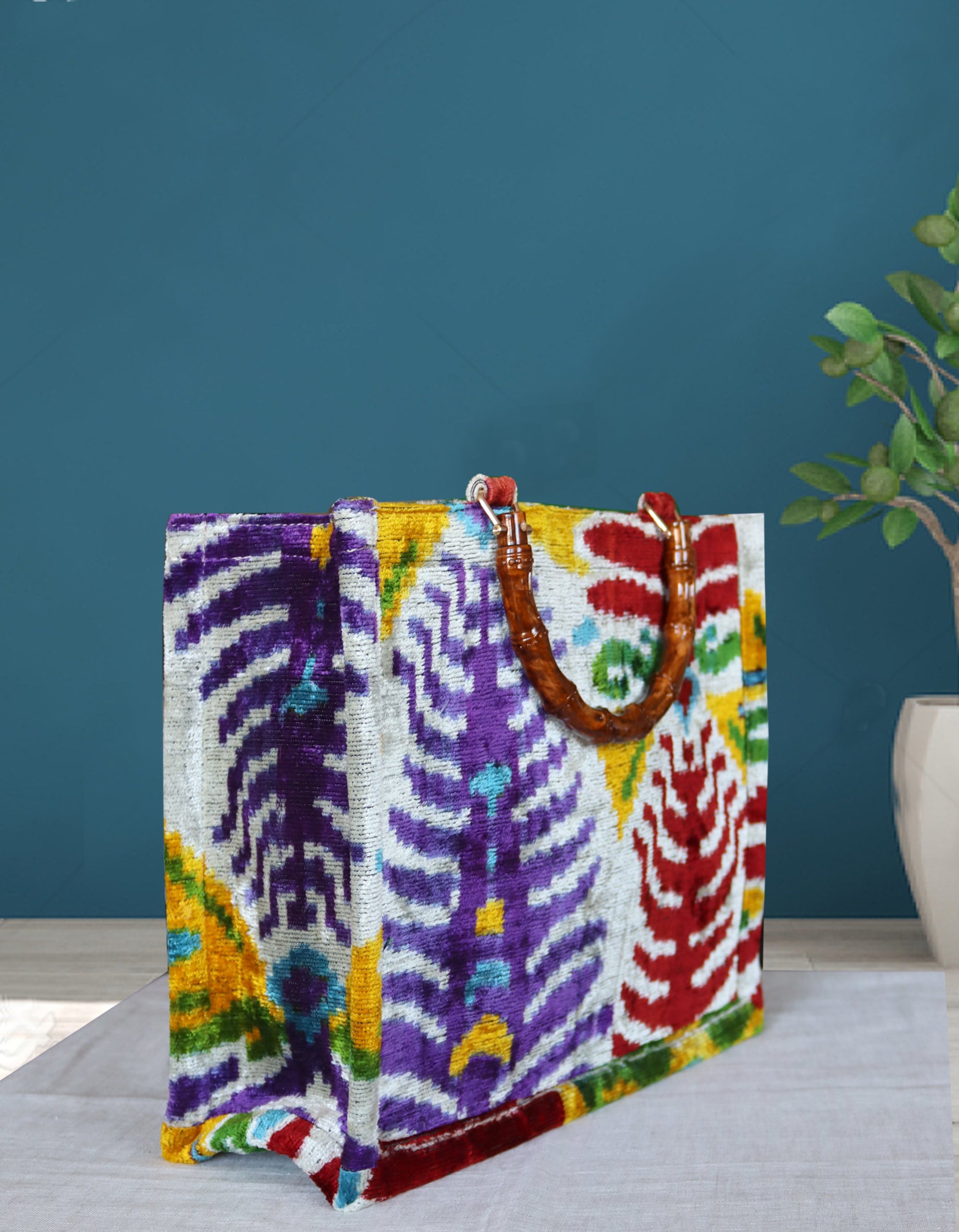 Silk velvet ikat handmade medium tote bag.