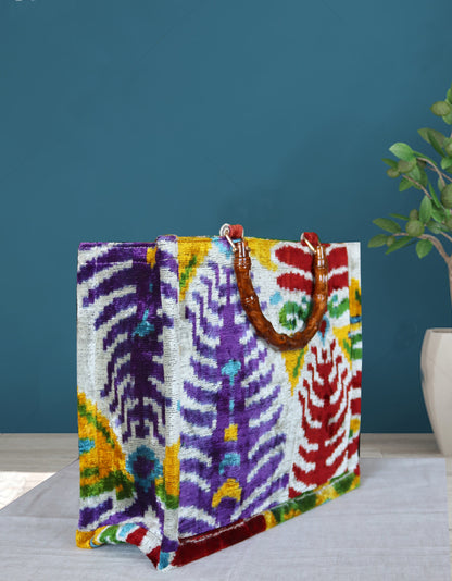 Silk velvet ikat handmade medium tote bag.