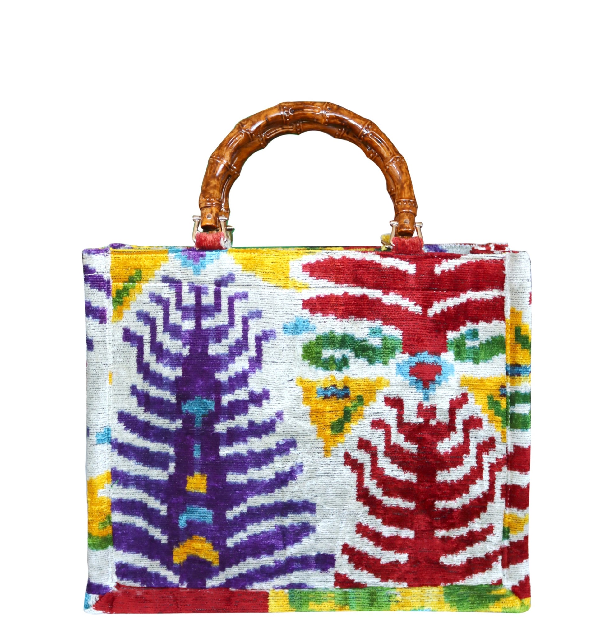 Silk velvet ikat handmade medium tote bag.