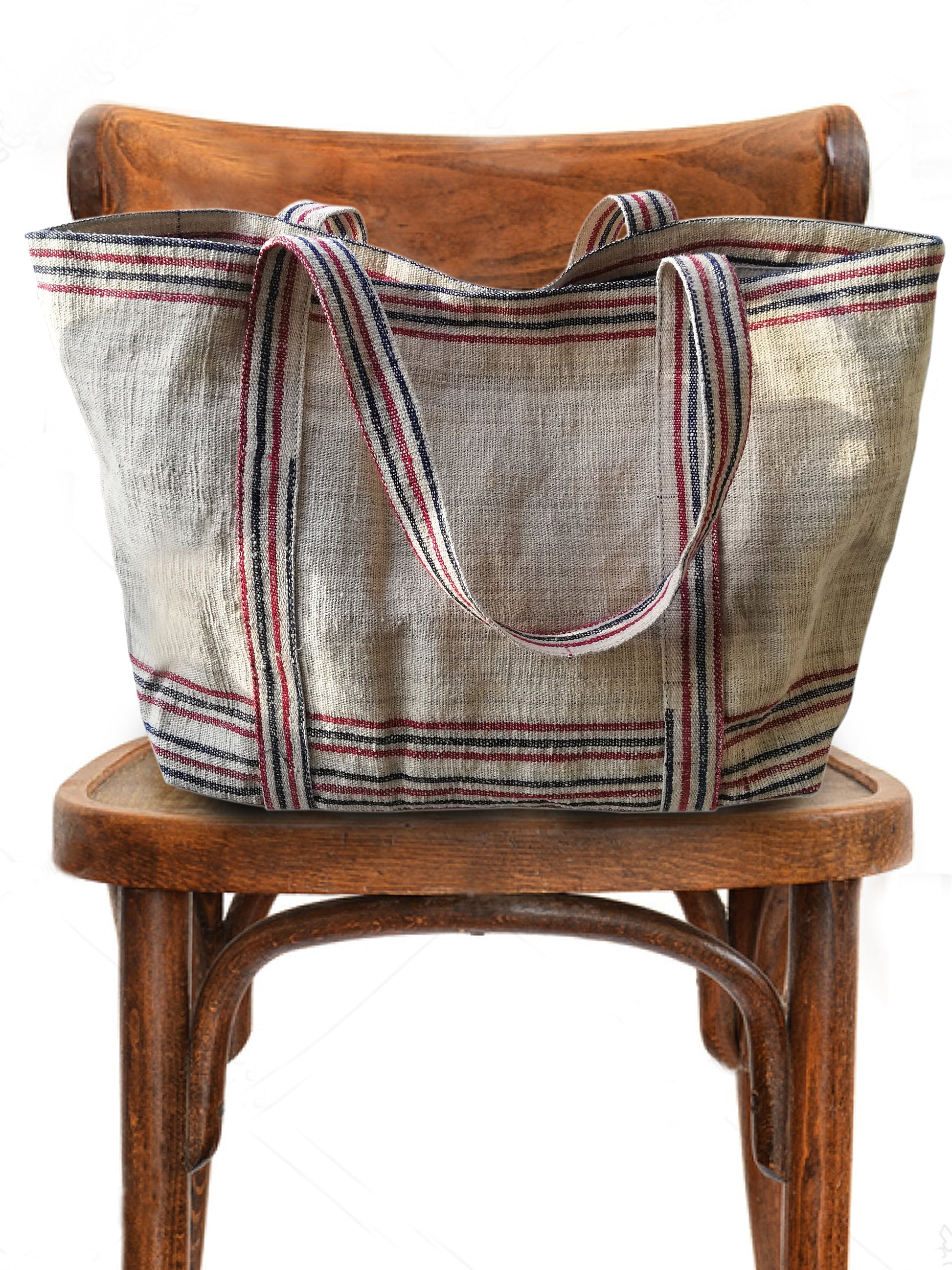 vintage linen red-navy stripes bag