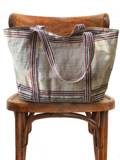 vintage linen red-navy stripes bag
