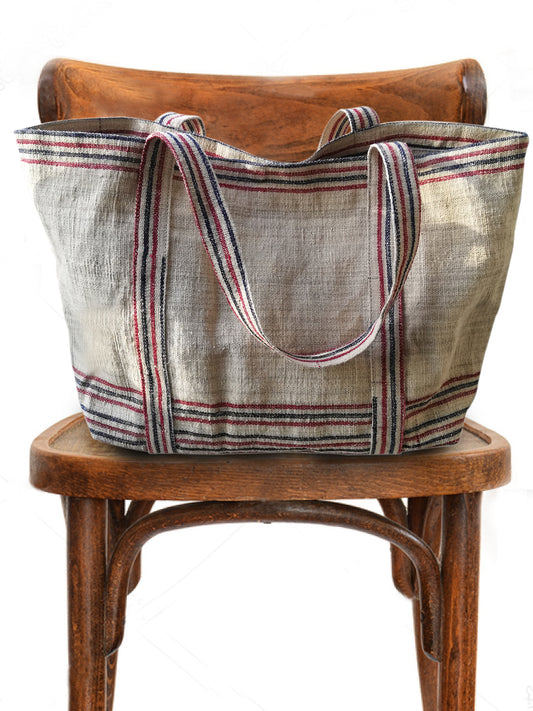 vintage linen red-navy stripes bag