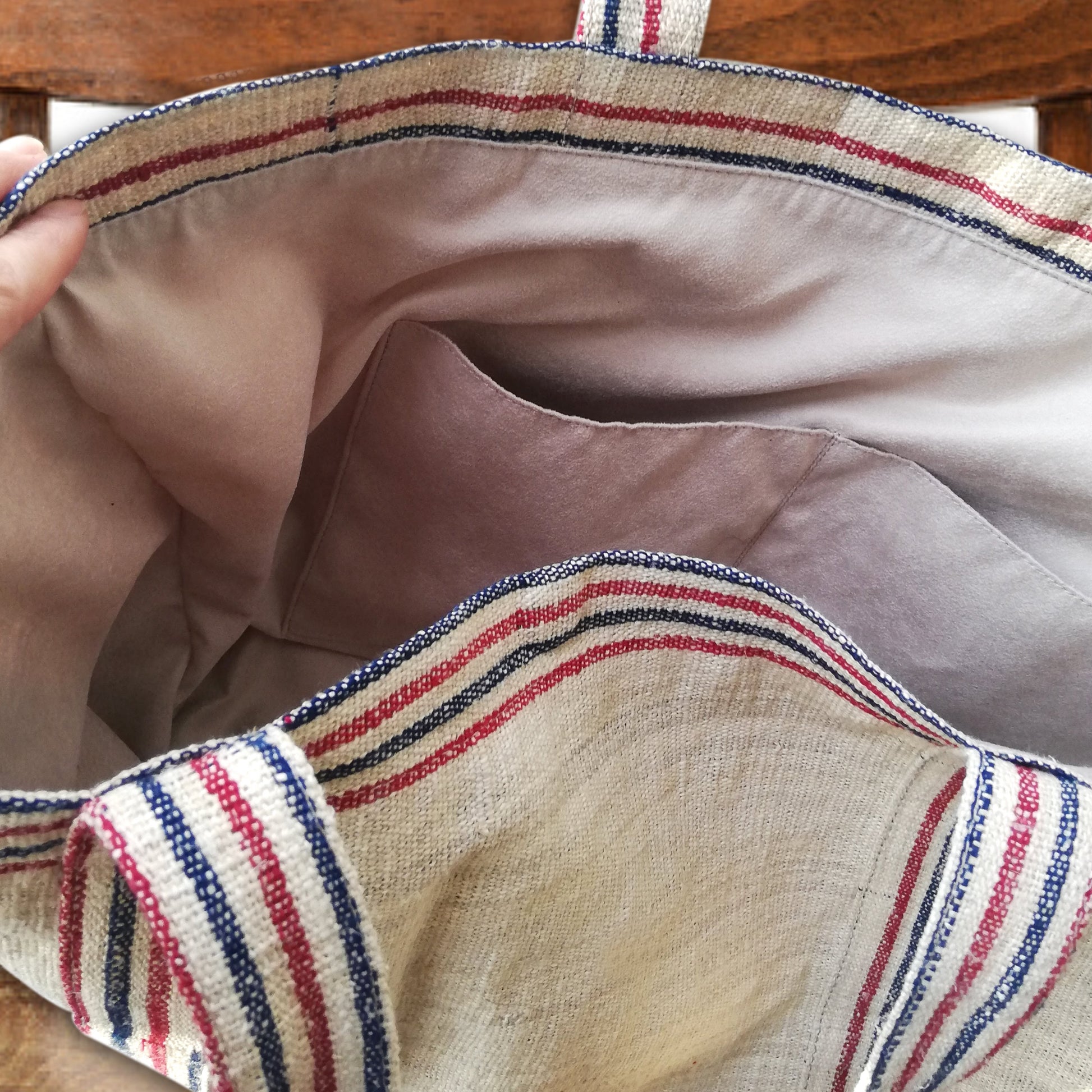 vintage linen red-navy stripes bag
