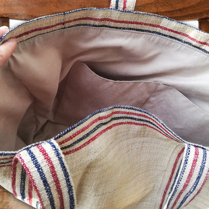 vintage linen red-navy stripes bag