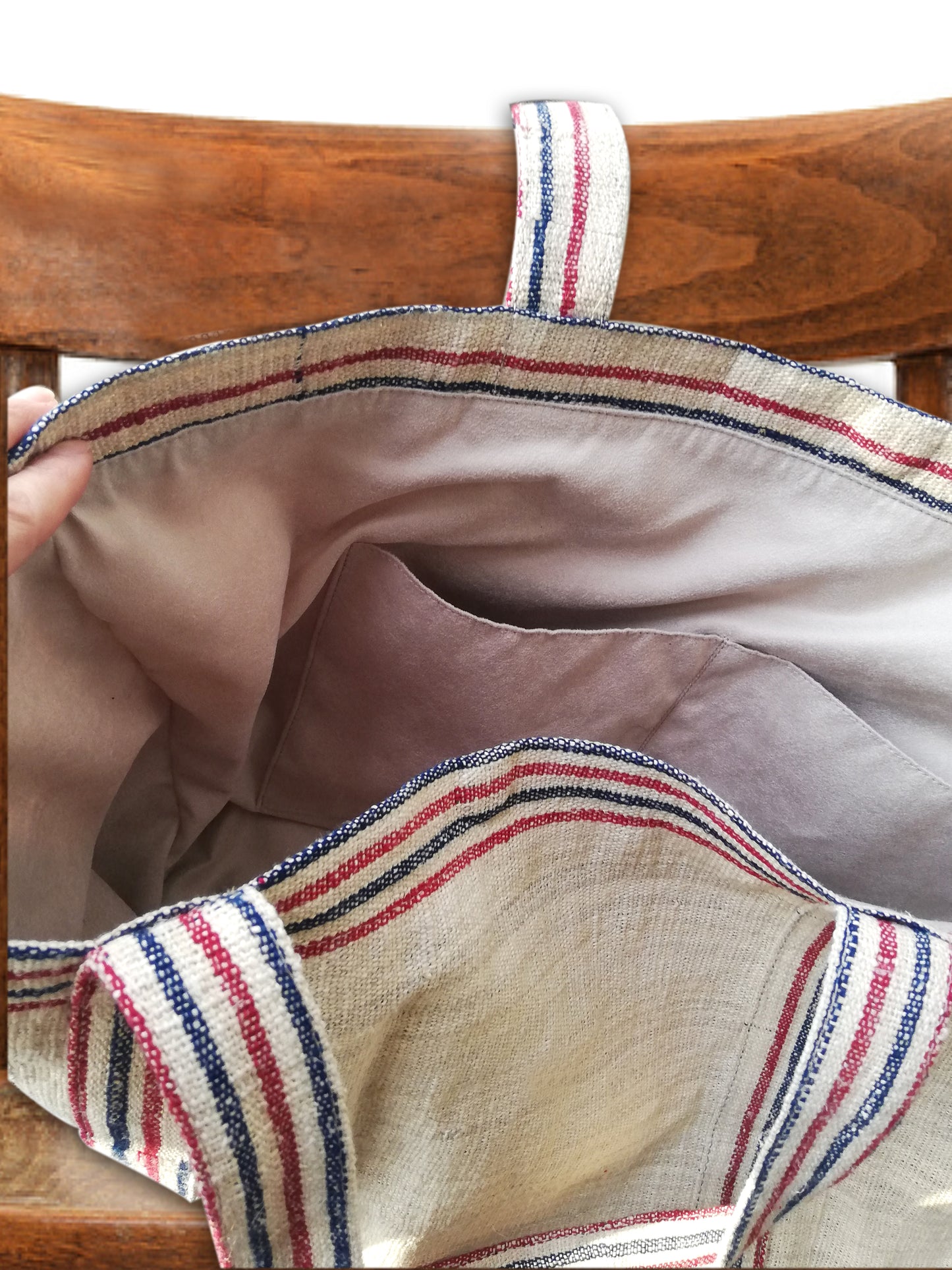 vintage linen bag navy and red stripes