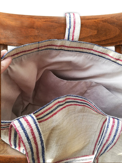 vintage linen bag navy and red stripes