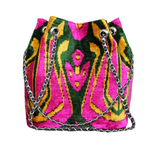 ikat velvet handmade bucket bag