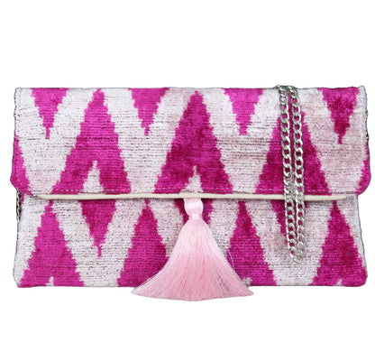 Wholesale and retail Silk İkat pink zigzag Velvet Clutch Bags,