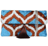 Wholesale and retail Silk İkat blue and brown Velvet Clutch Bags,