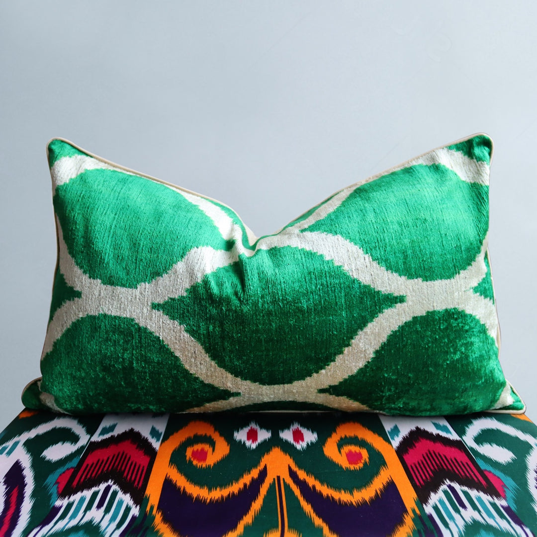 Green Silk Velvet Cushion Covers 2024 with Geometric Ikat Pattern | Front side is 100% Silk Velvet, Back side is Soft Green Fabric, OEKO-TEX®