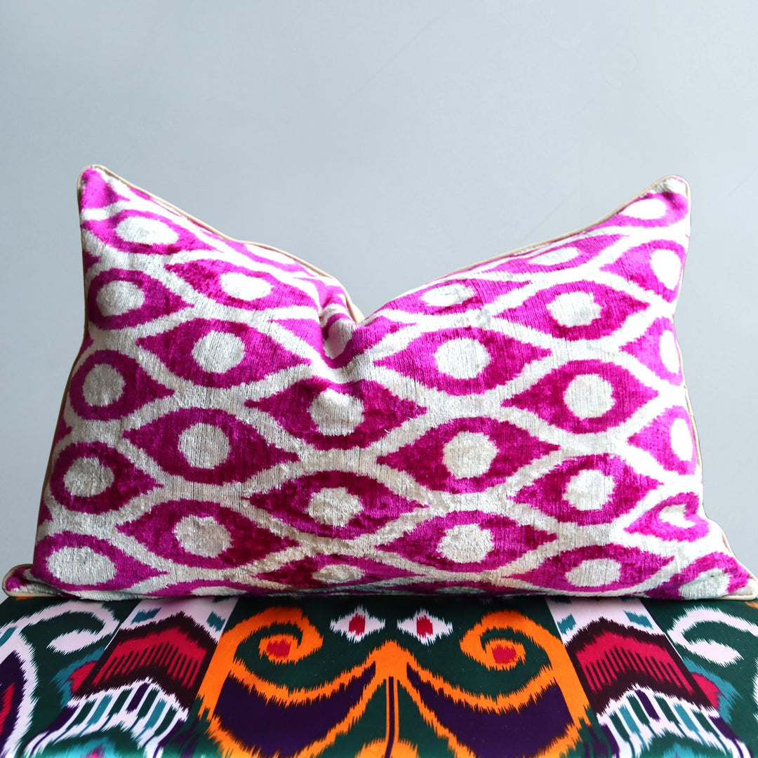 Pink & Orange on sale Velvet Cushion Cover with Traditional Ikat Pattern | Front side is 100% Silk Velvet, Back side is Soft Pink Fabric | OEKO-TEX