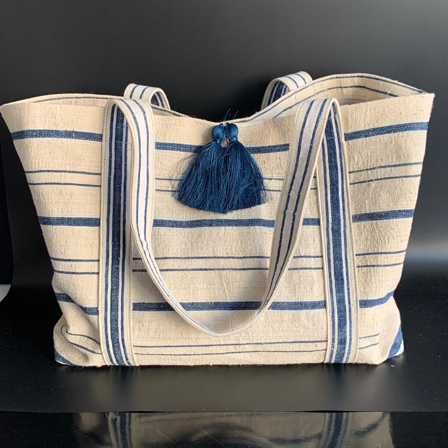 vintage linen bold navy stripes bag