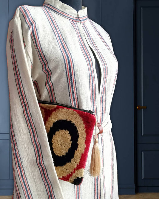 handwoven organic linen caftan blue-orange stripes