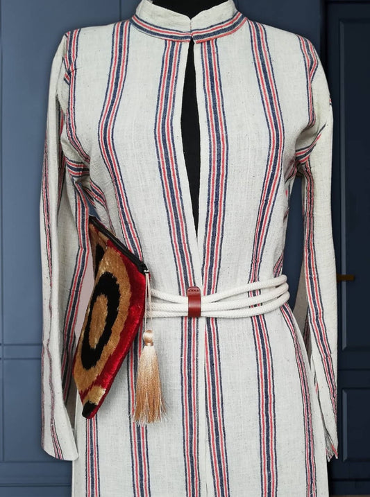 handwoven organic linen caftan blue-orange stripes