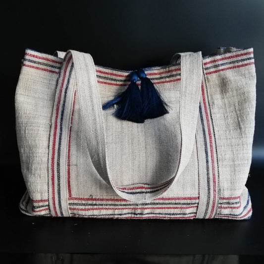 vintage linen red-navy stripes bag
