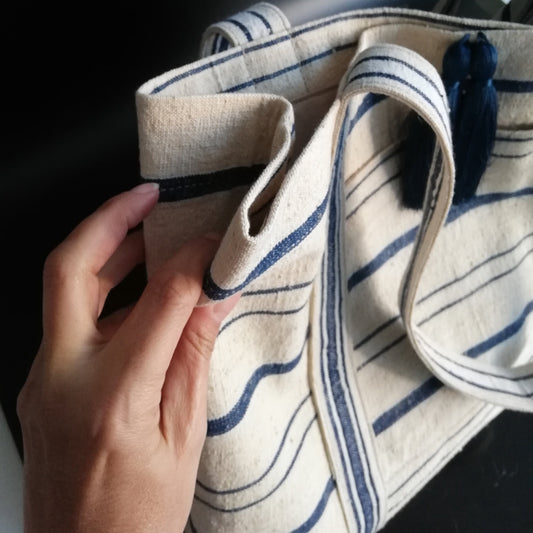 vintage linen bold navy stripes bag