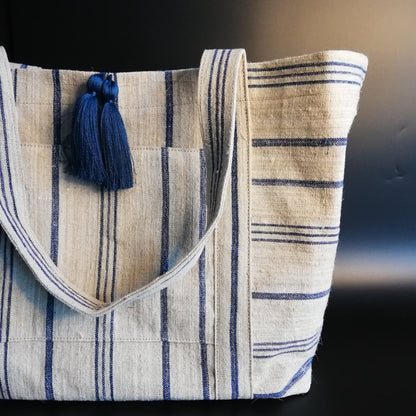 vintage linen bag navy stripes