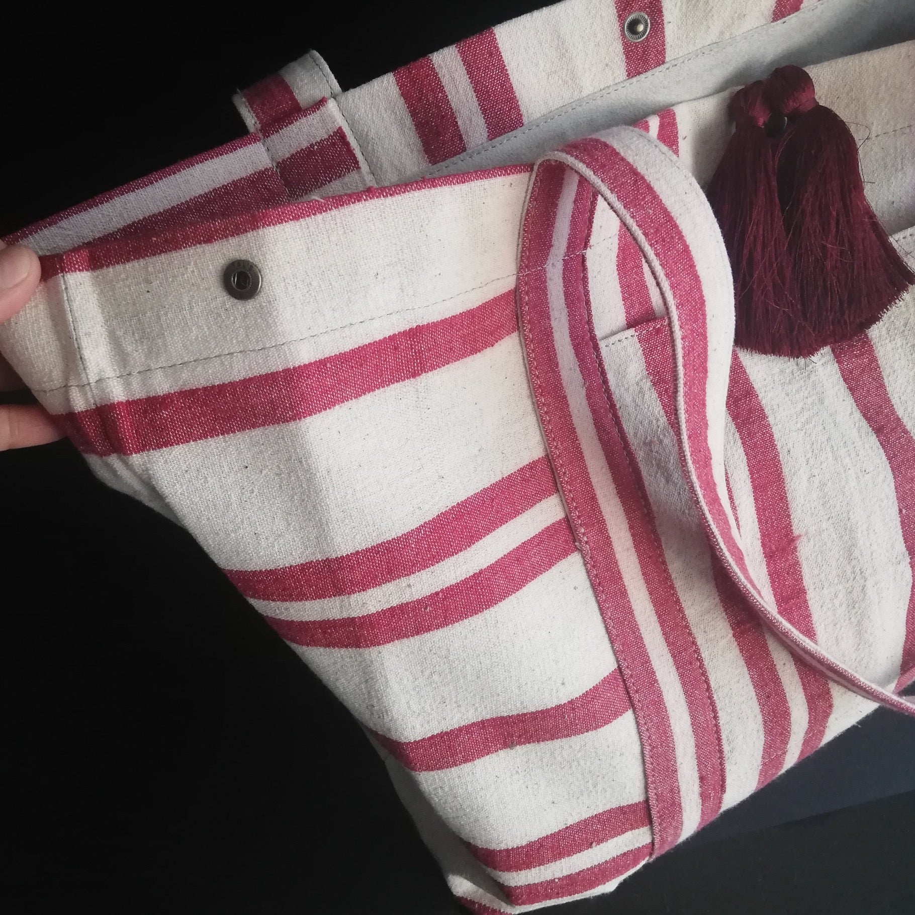 vintage linen bold burgundy stripes bag