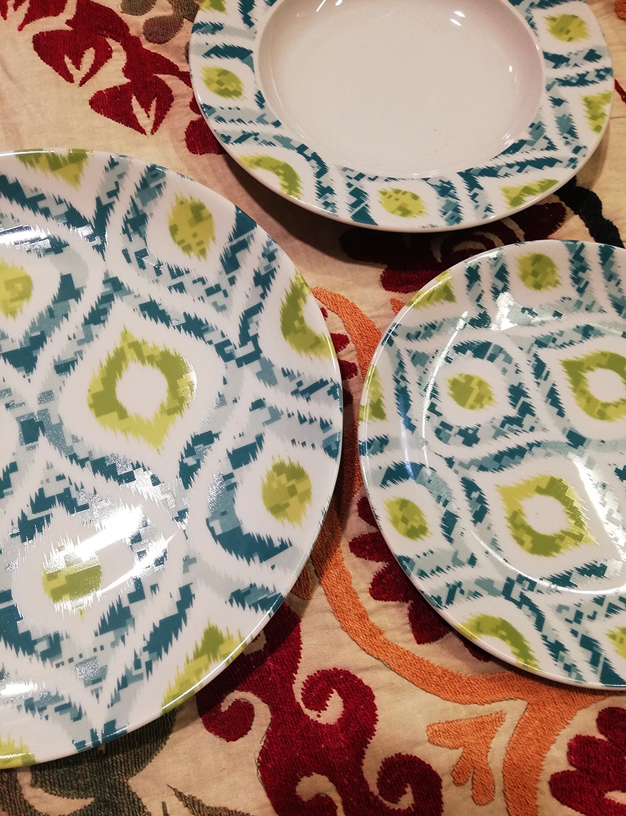 ikat patterned porcelain set green drop
