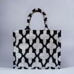 Silk velvet ikat handmade medium tote bag black and white