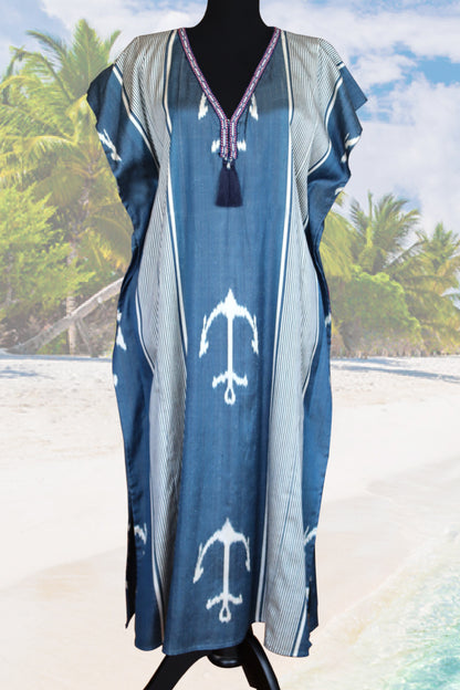 silk ikat caftan dress (navy)