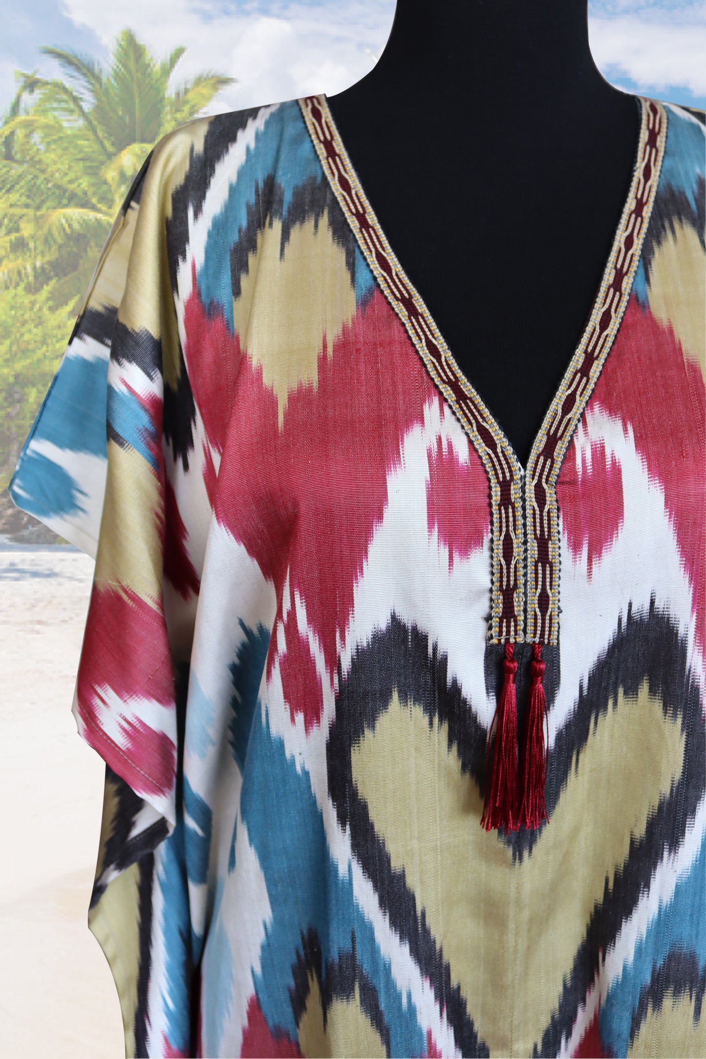 silk ikat caftan dress with hard