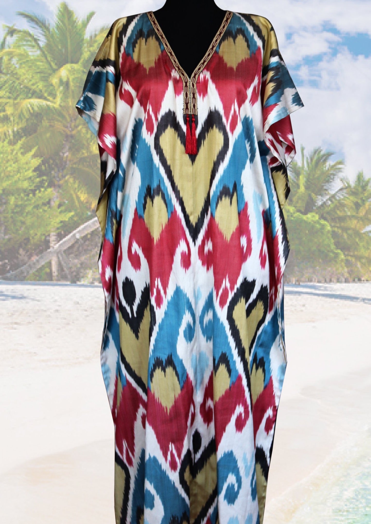 silk ikat caftan dress with hard