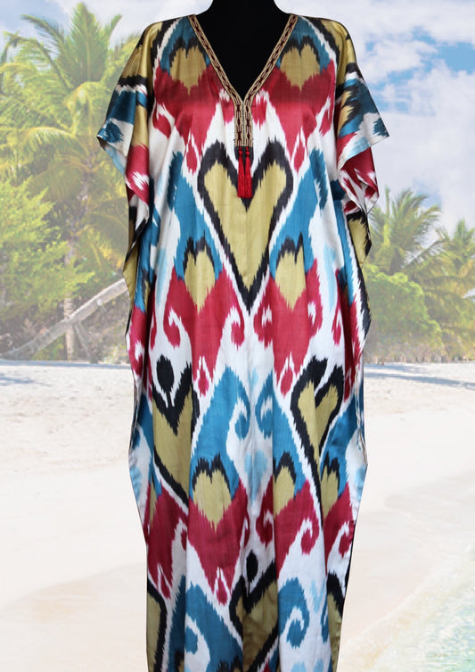 silk ikat caftan dress with hard
