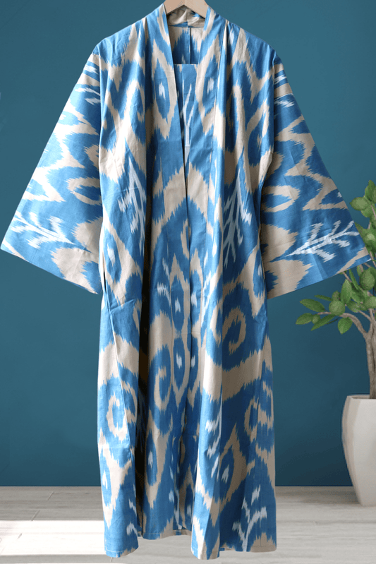 Cotton Ikat Kimono Style Blue Ecru Caftan 015