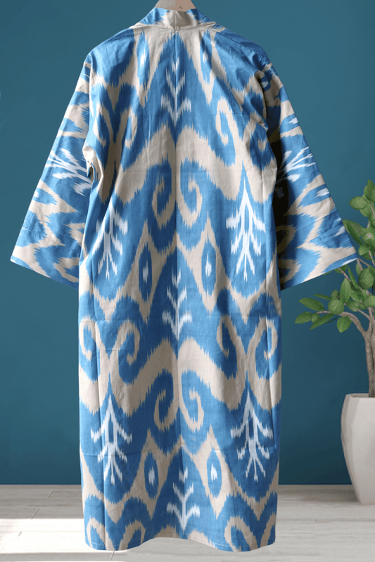 Cotton Ikat Kimono Style Blue Ecru Caftan 015