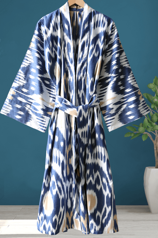 Cotton Ikat Kimono Style Navy Caftan 016