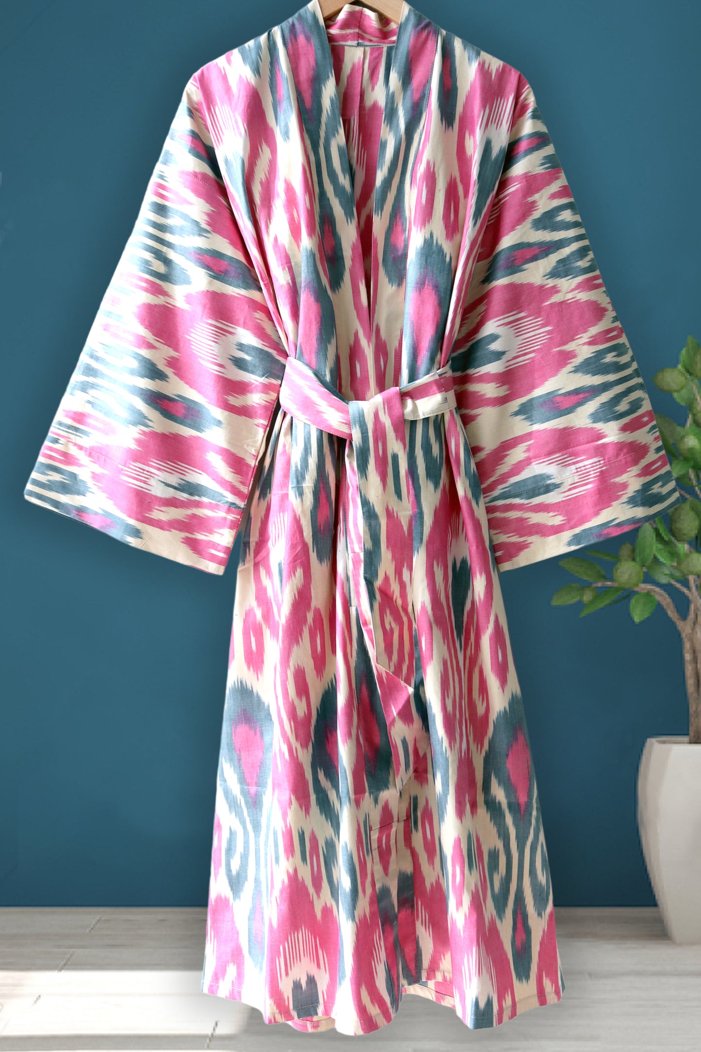 Cotton Ikat Kimono Style Pink Caftan 019