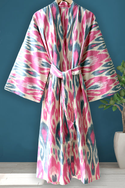 Cotton Ikat Kimono Style Pink Caftan 019