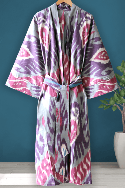 Cotton Ikat Kimono Style Pink Purple Caftan 018