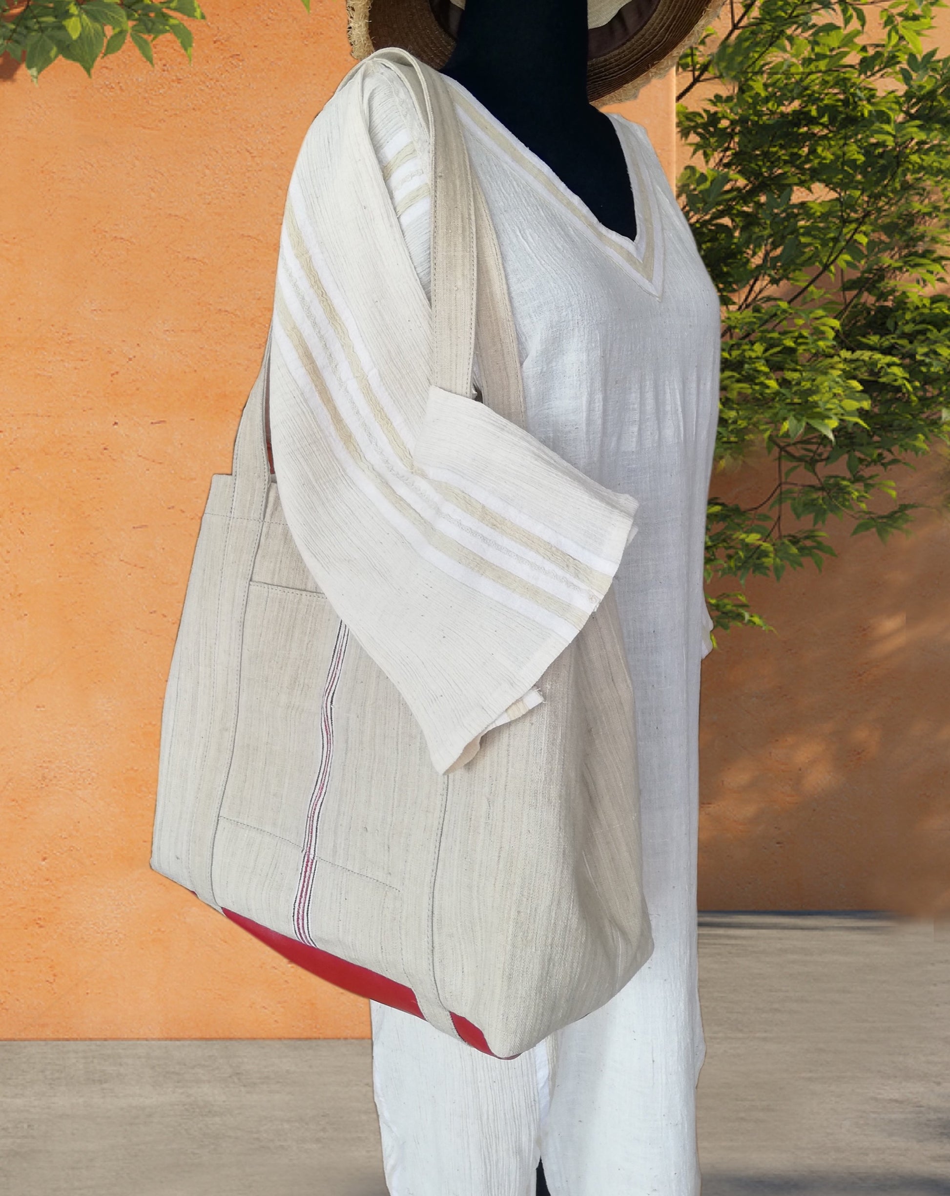 vintage linen bag with leather