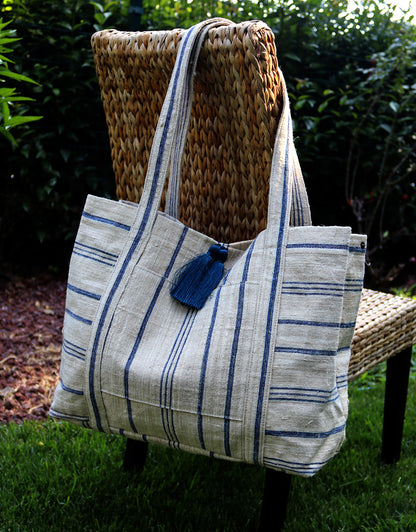 vintage linen bag navy stripes
