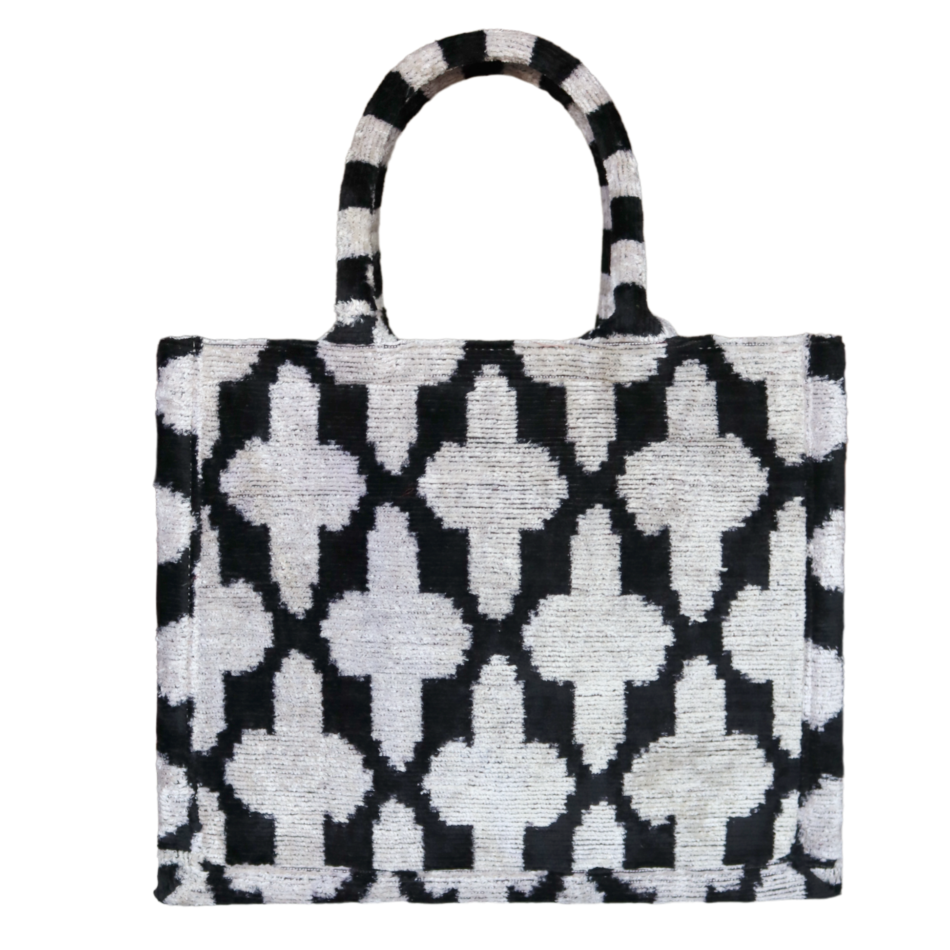 Silk velvet ikat handmade black anda white medium tote bag.