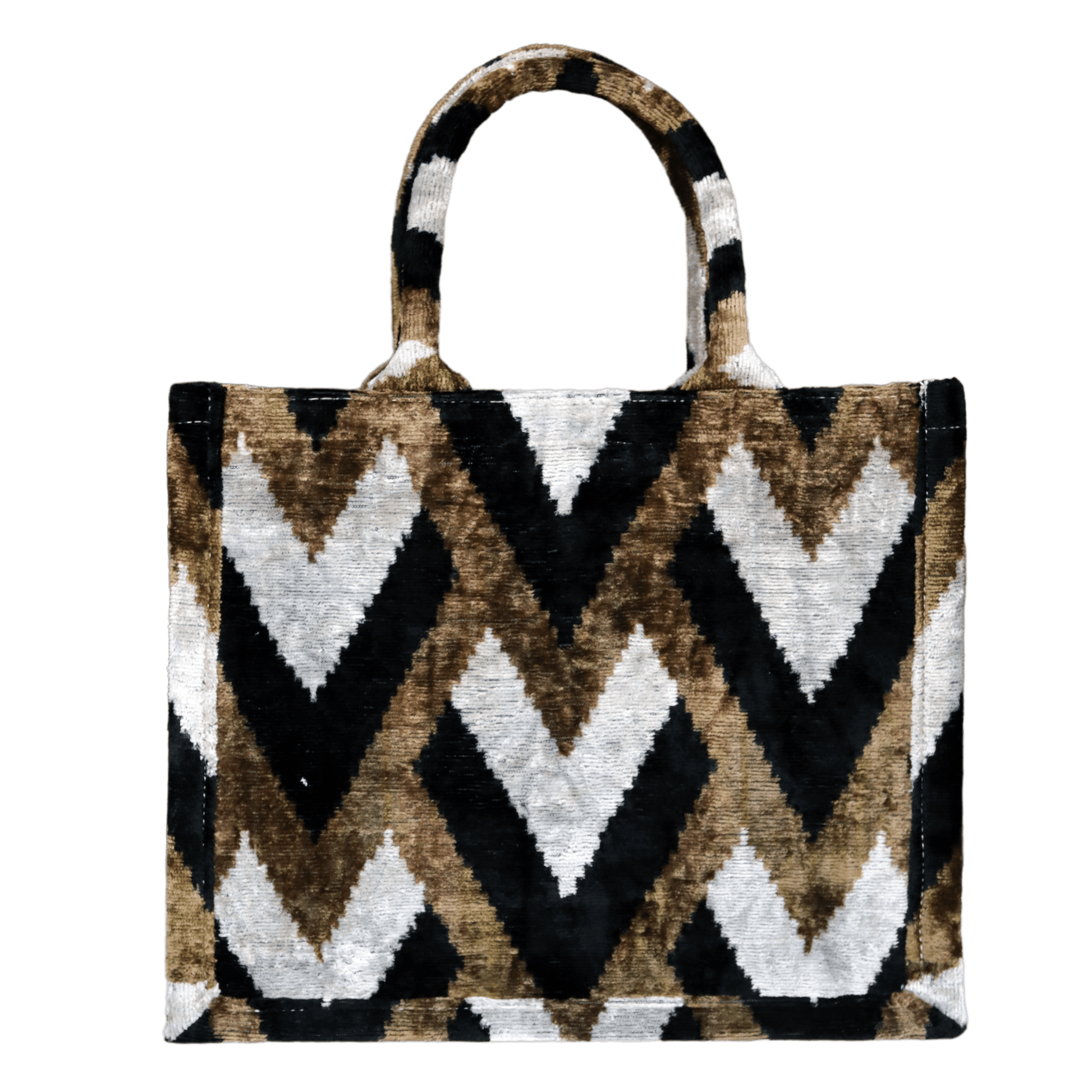 Silk velvet ikat handmade brown medium tote bag.