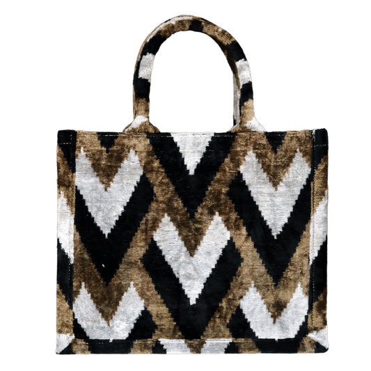 Silk velvet ikat handmade brown medium tote bag.