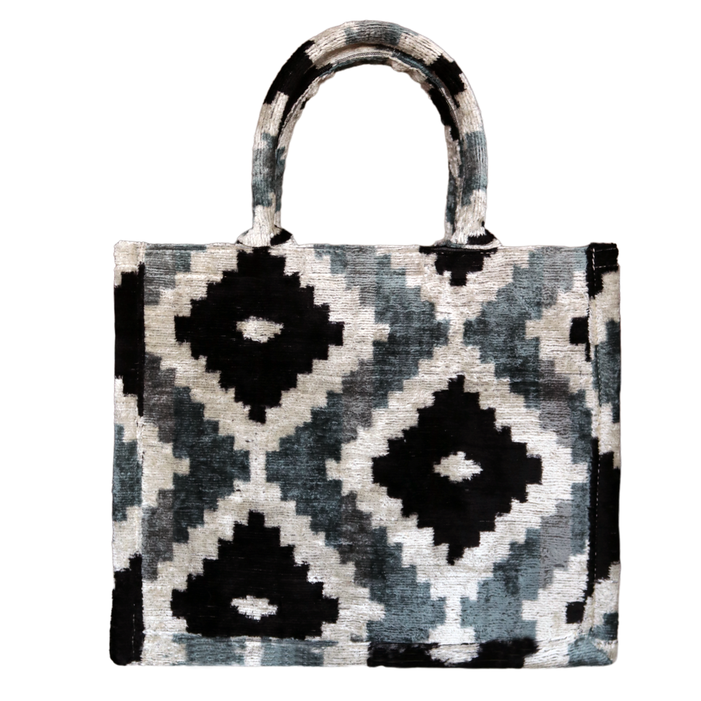 Silk velvet ikat handmade medium black and grey tote bag.