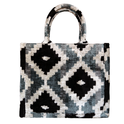 Silk velvet ikat handmade medium black and grey tote bag.