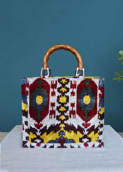 Silk velvet ikat handmade medium tote bag.