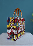 Silk Velvet Ikat Bamboo Style Handles Medium Tote Bag 063