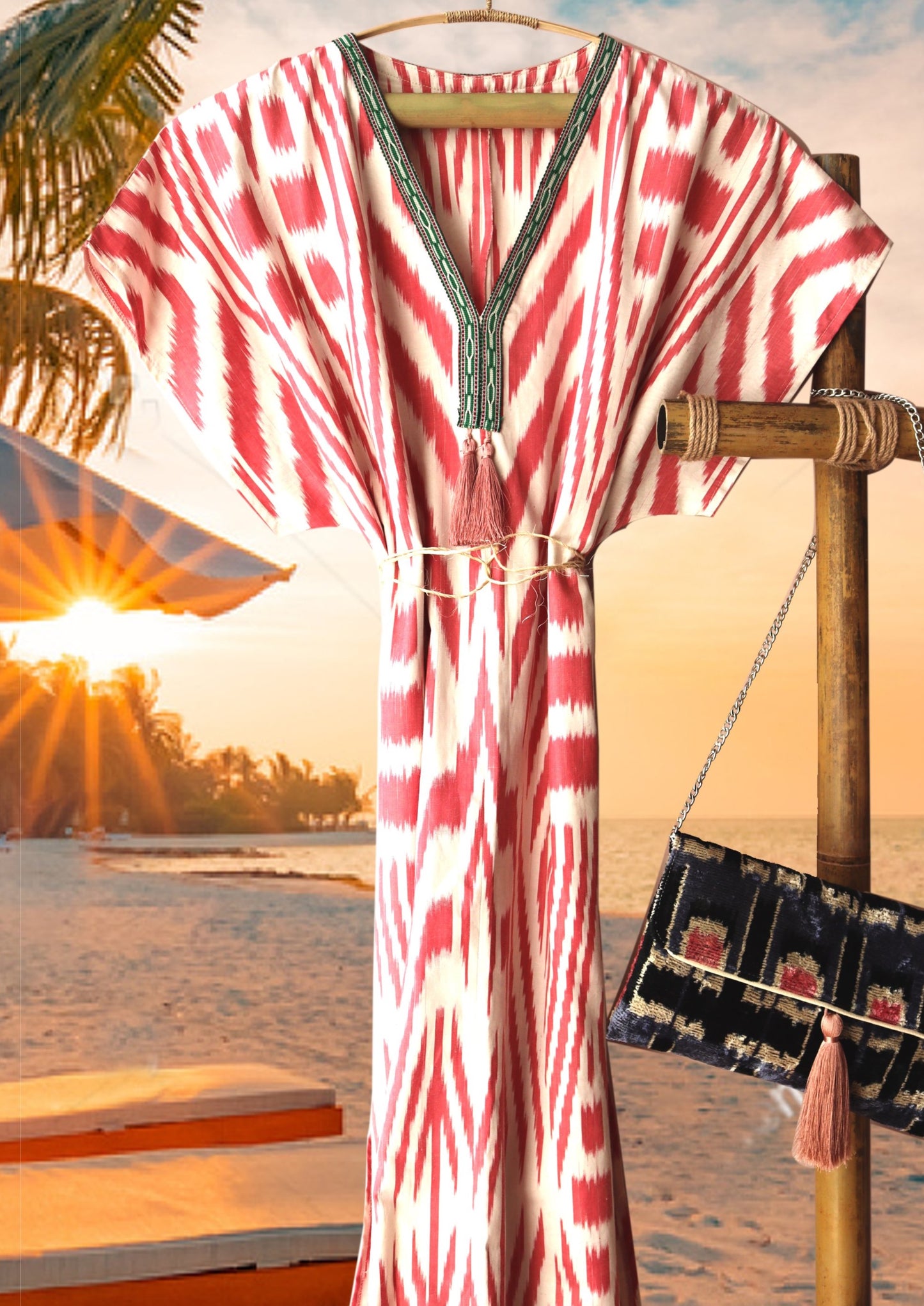 silk ikat caftan dress  (pink stripes)