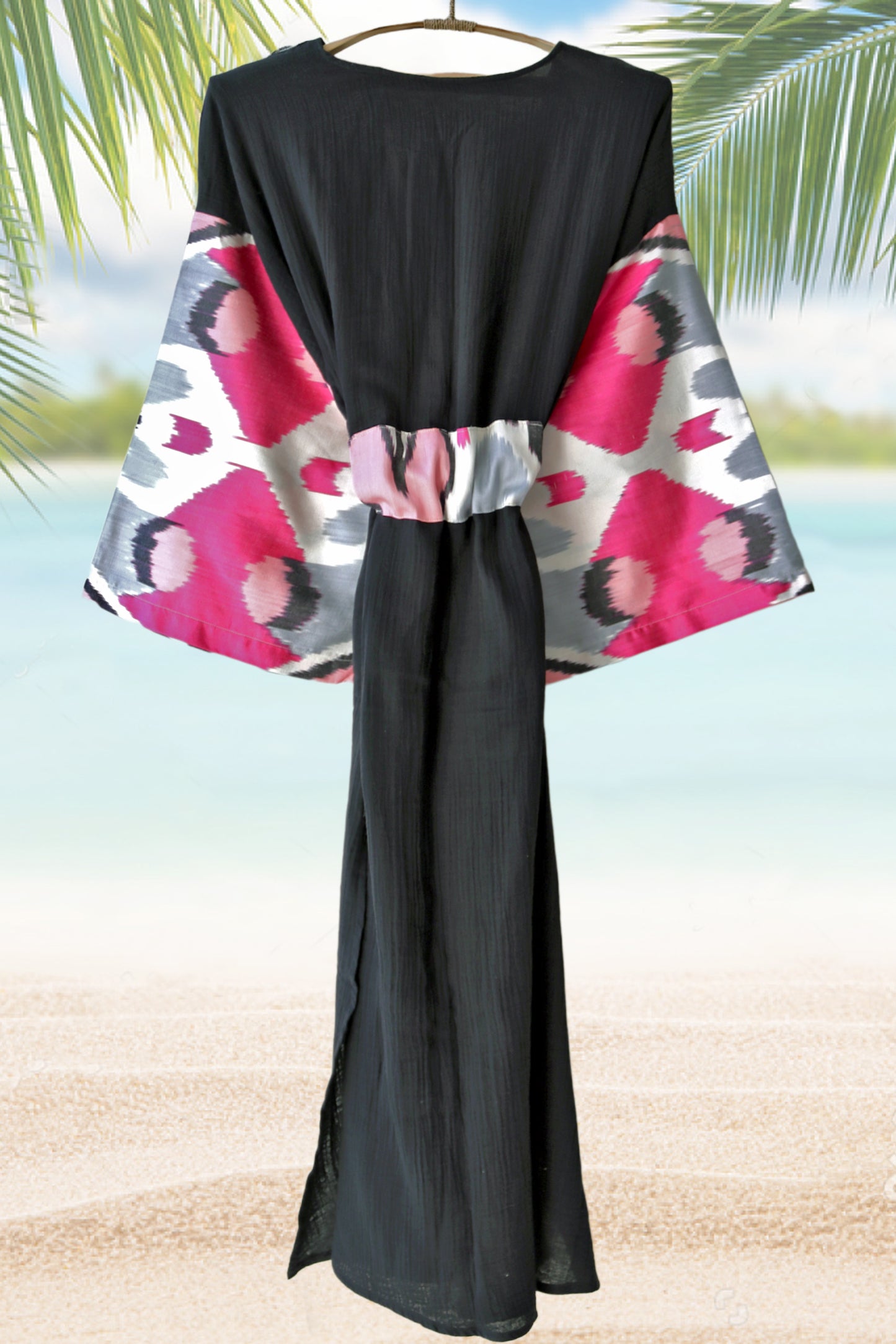 Silk Ikat Muslin Robe Pink Black