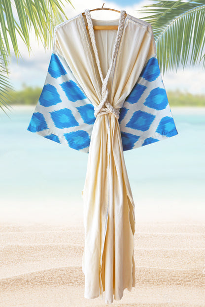 Bata de muselina de seda Ikat azul crema