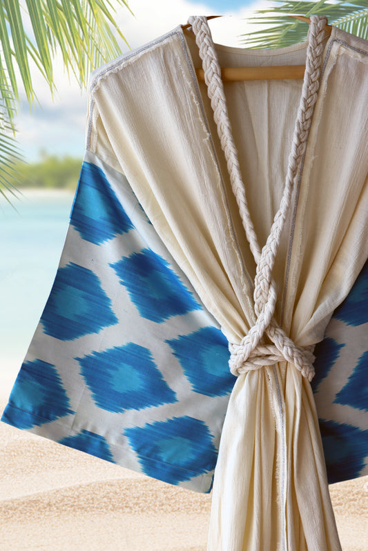 Silk Ikat Muslin Robe Blue Cream